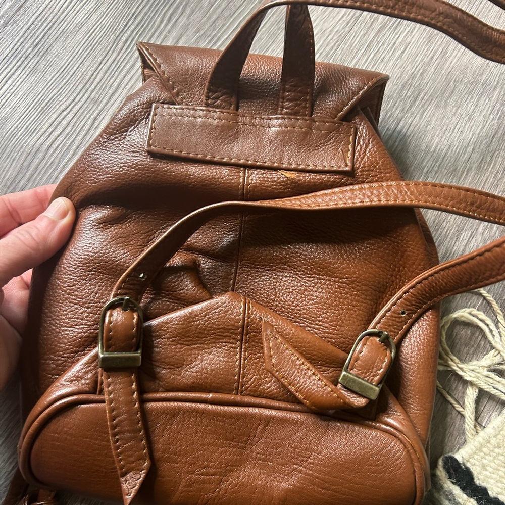 Compact Brown Leather Mini Backpack with Front Po… - image 11